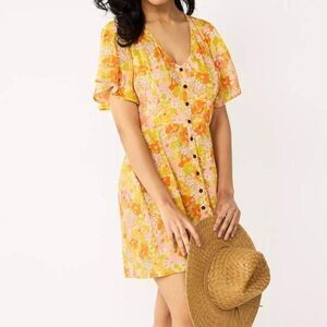 Women's Rewind Retro Boho Style Flare Sleeve Button Mini Dress Extra Small